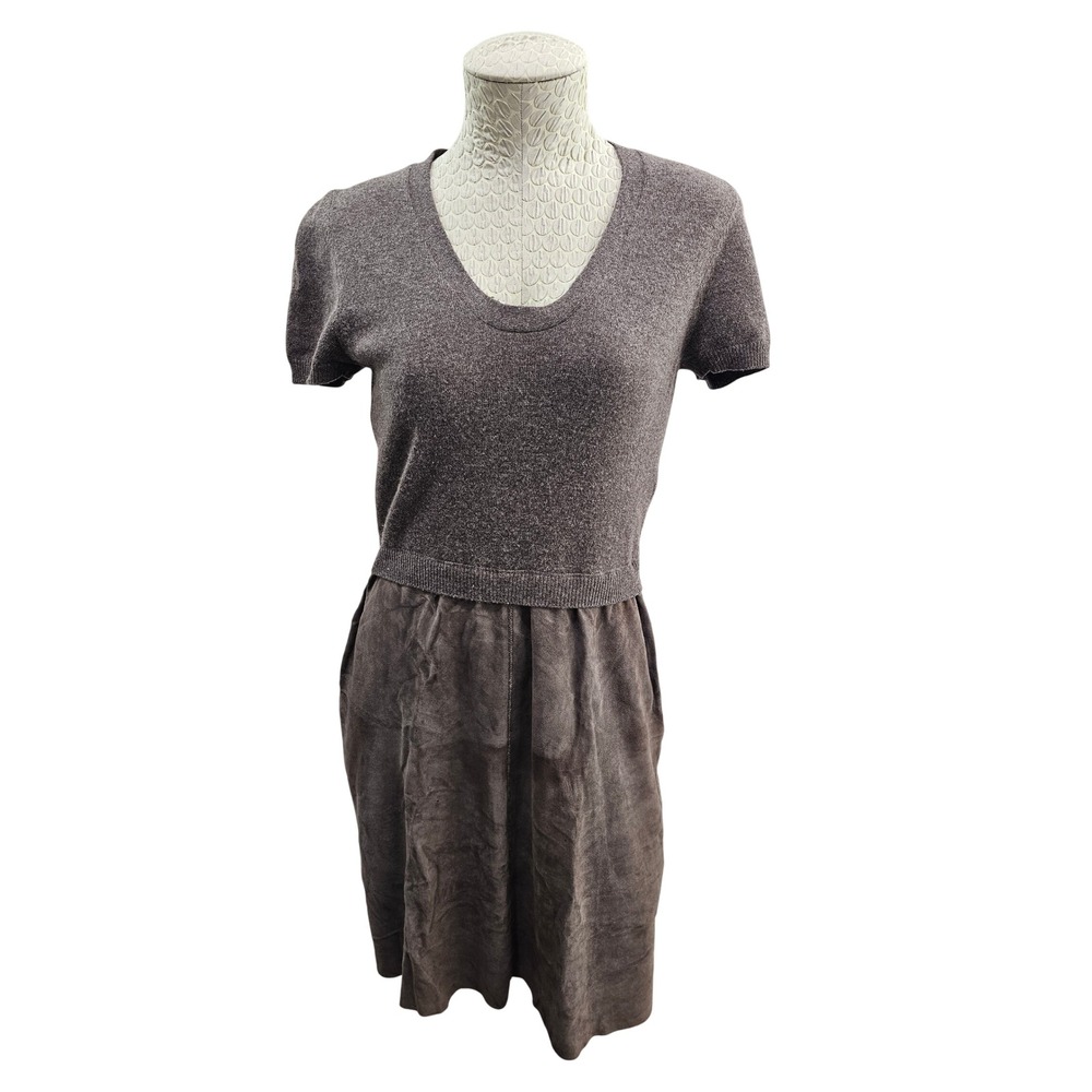 Brunello Cucinelli Cashmere Silk Wool Leather Mixed Media Dress Brown Italian 40